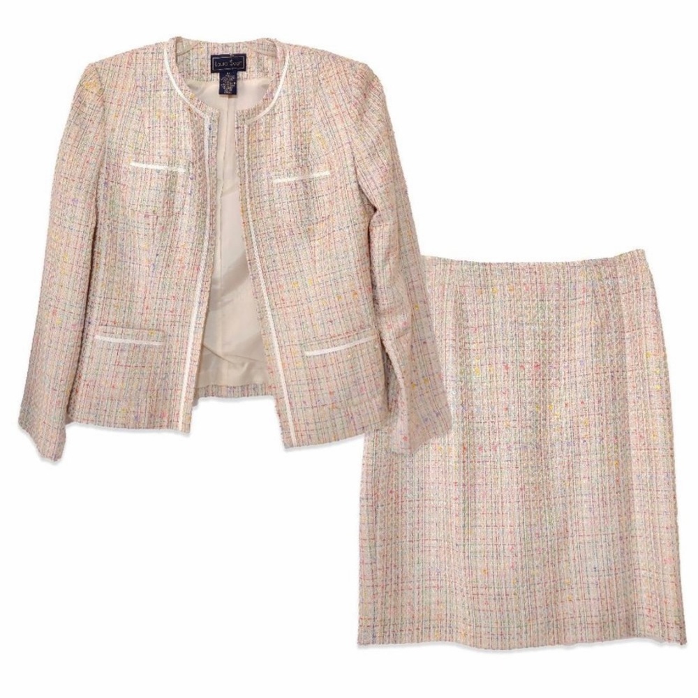 Laura Scott Career Multicolor Confetti Blazer Skirt Suit Set Tan Tweed 10